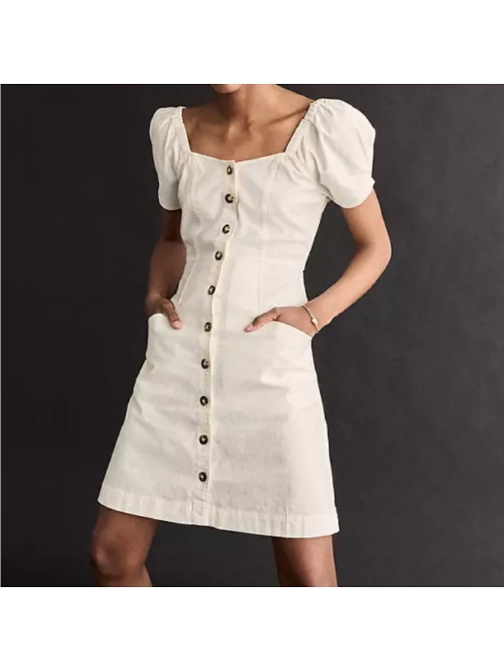 Madewell Cream Button-Front Puff Sleeve Linen Mini Dress